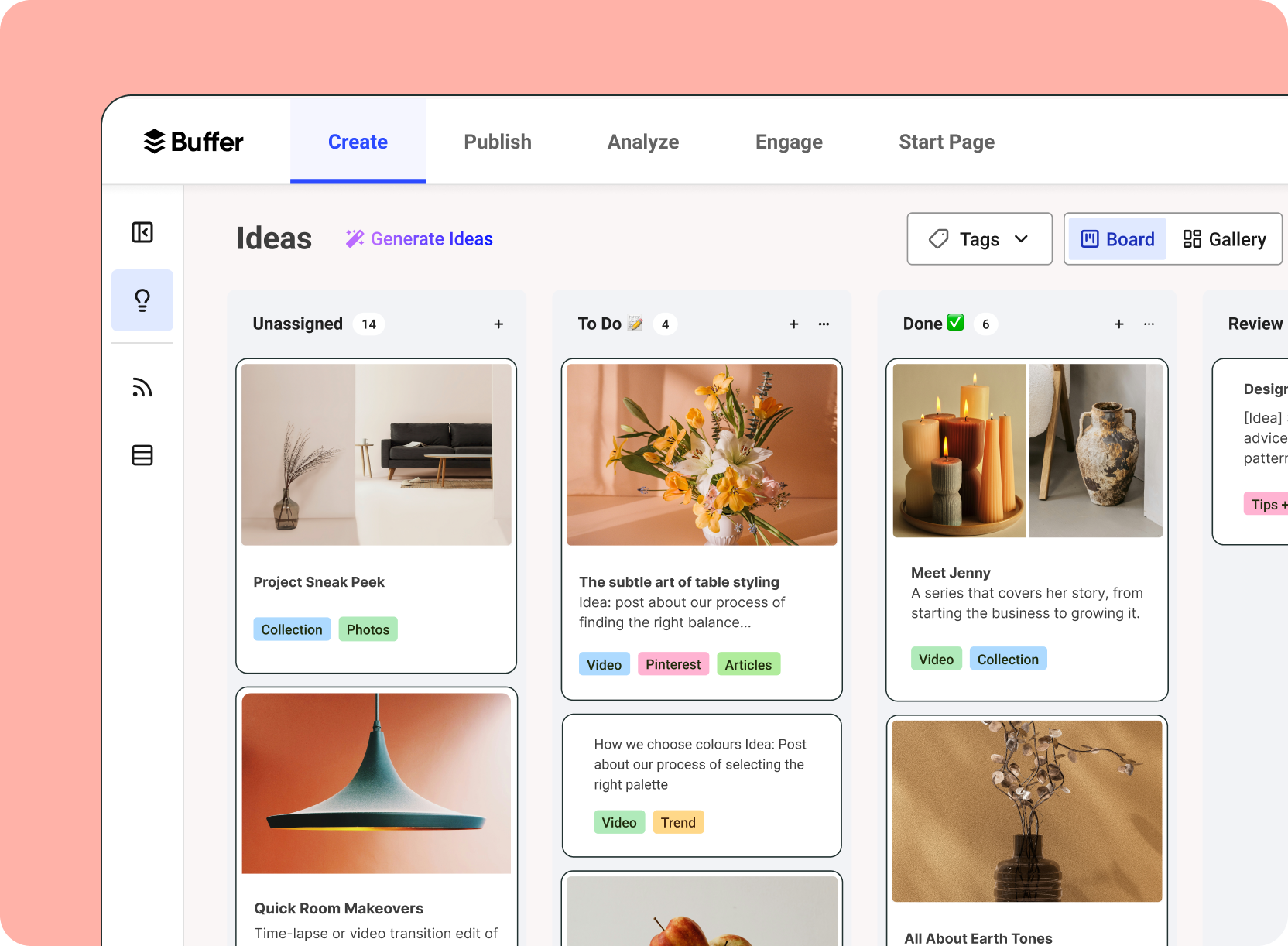 A view of the Create Space in Buffer, perfect for planning video marketing ideas
