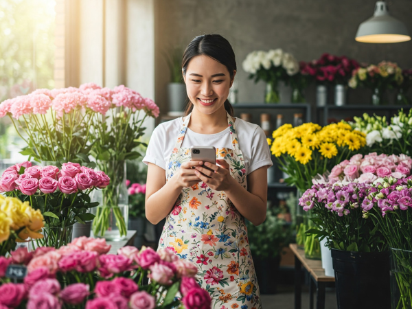 a young florist stands in her store while smiling and scrolling on her phone to illustrate selling on Instagram