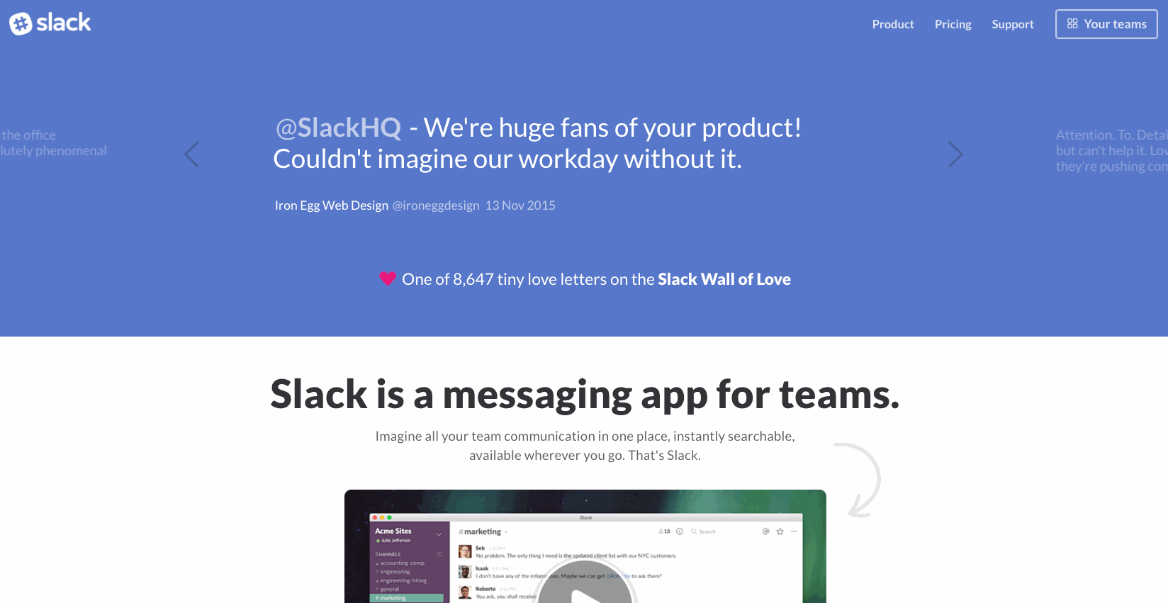 Slack user testimonials on a landing page Slack user testimonials on a landing page